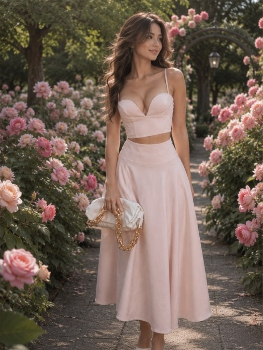 Women's Pink Satin Midi Skirt - Elegant High-Waist A-Line